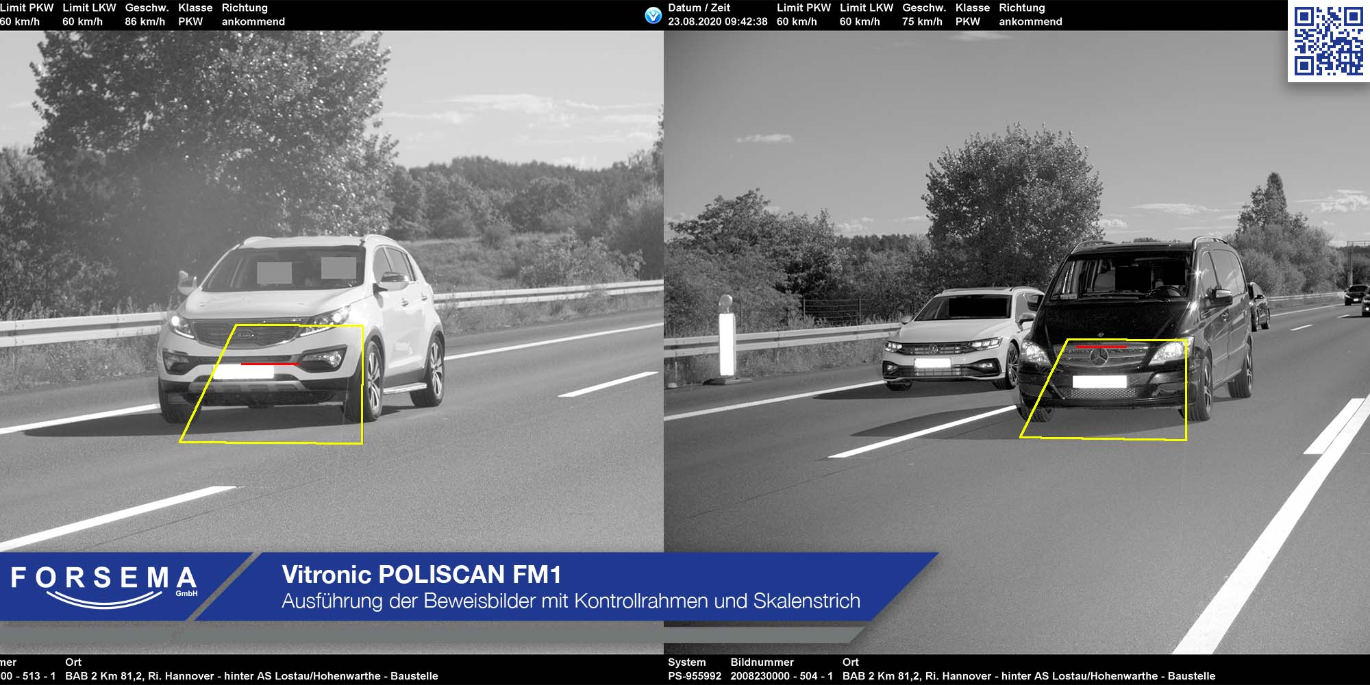 Vitronic POLISCAN FM1 - Ausführung der Beweisbilder mit Kontrollrahmen und Skalenstrich